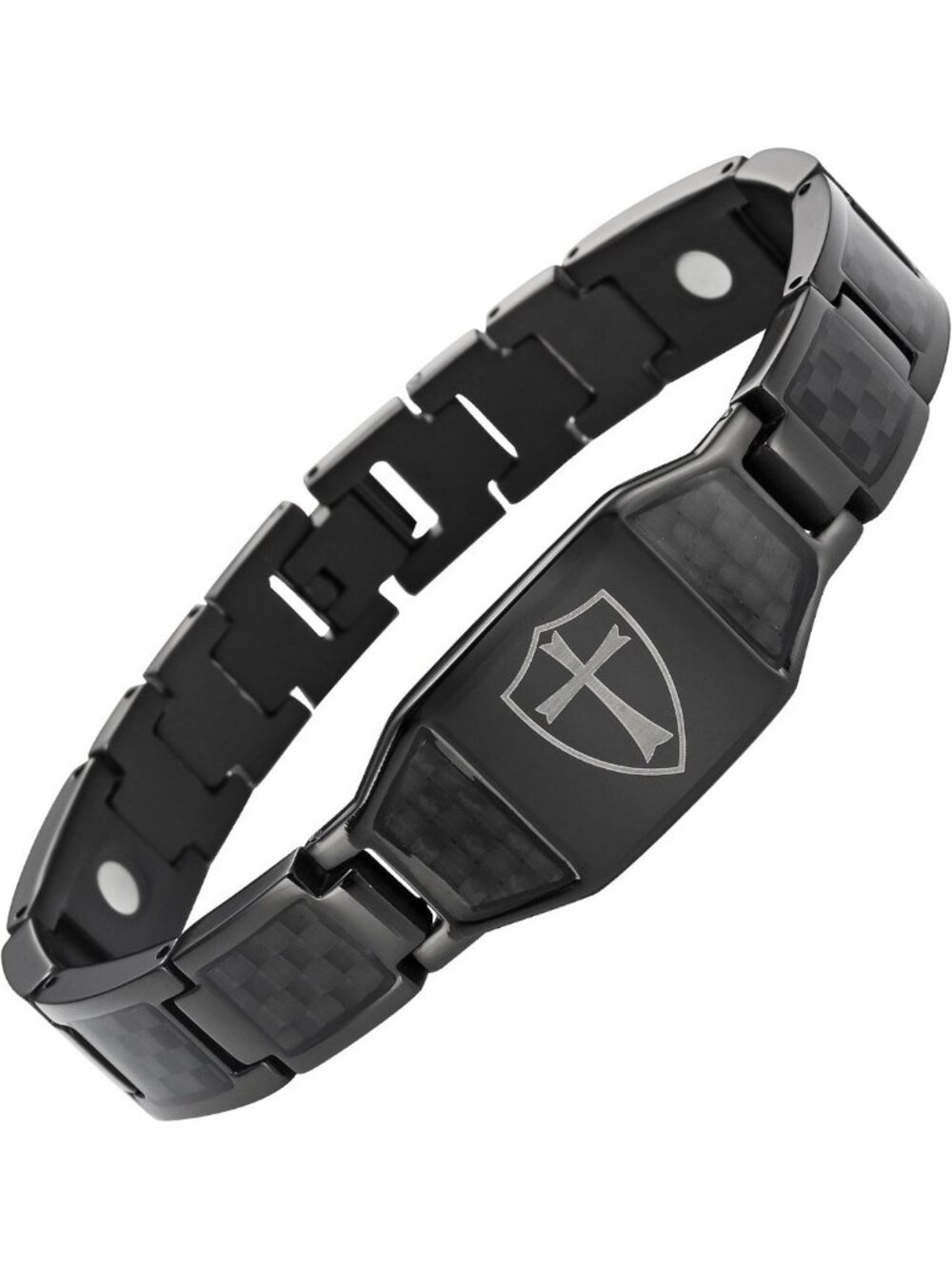 Men's Black Titanium Magnetic Bracelet with Knights Templar Cross & Carbon